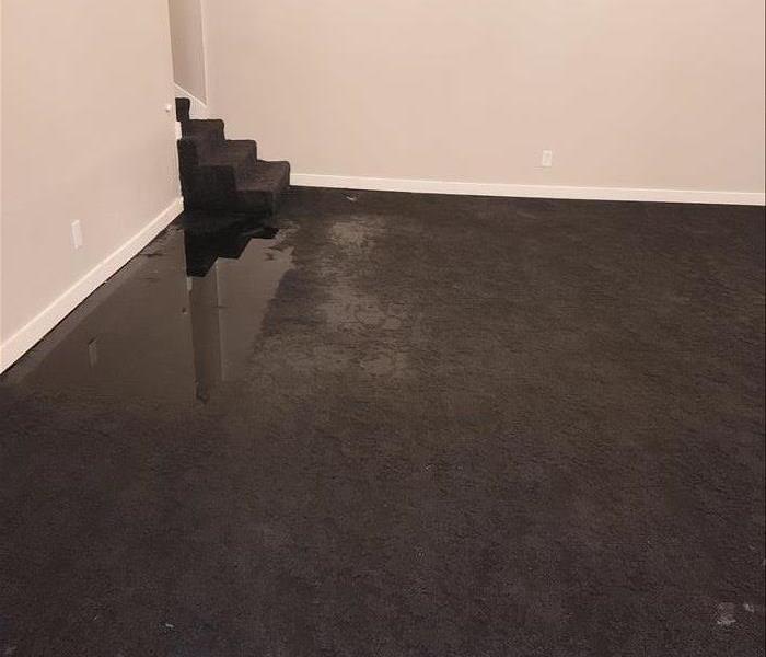 Big, open room with standing water on carpet