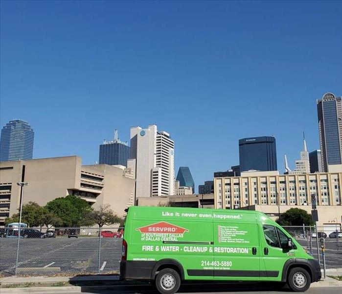SERVPRO Van Against the Dallas Downtown Skyline
